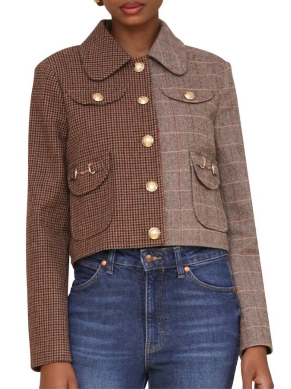 Avec Les Filles Mixed Plaid Houndstooth Cropped Equestrian Jacket Small NWT Gold